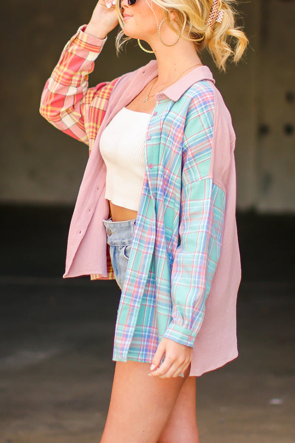 Late Goodbye Plaid Contrast Color Block Top
