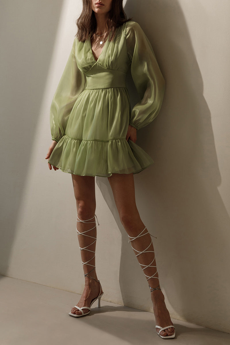 Glitter V Neck Long Sleeve Mini Dress - Fashiondia