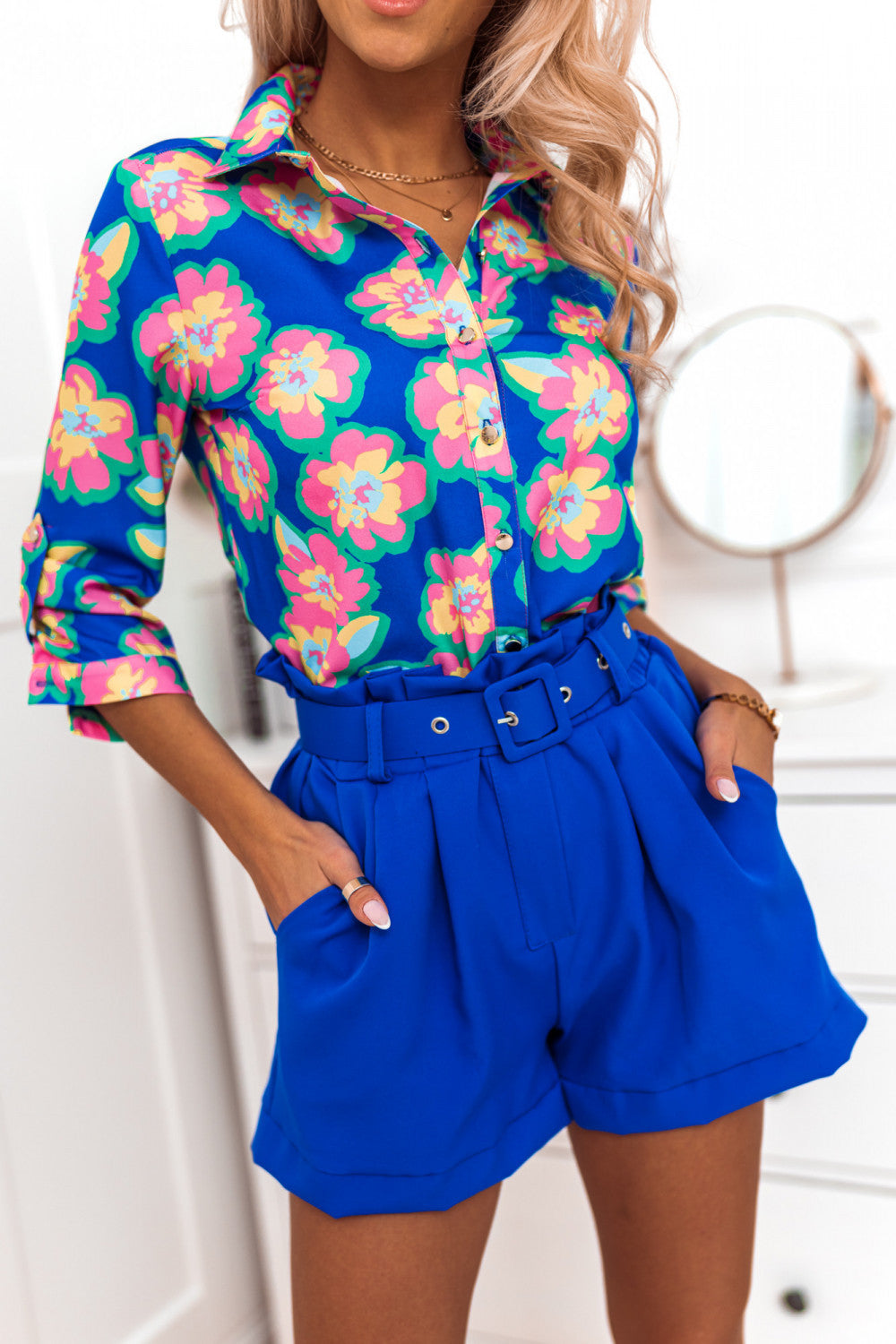 Floral Button Shirt Shorts Set - Fashiondia