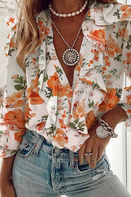 Ruffles Button V Neck Blouse - Fashionpara