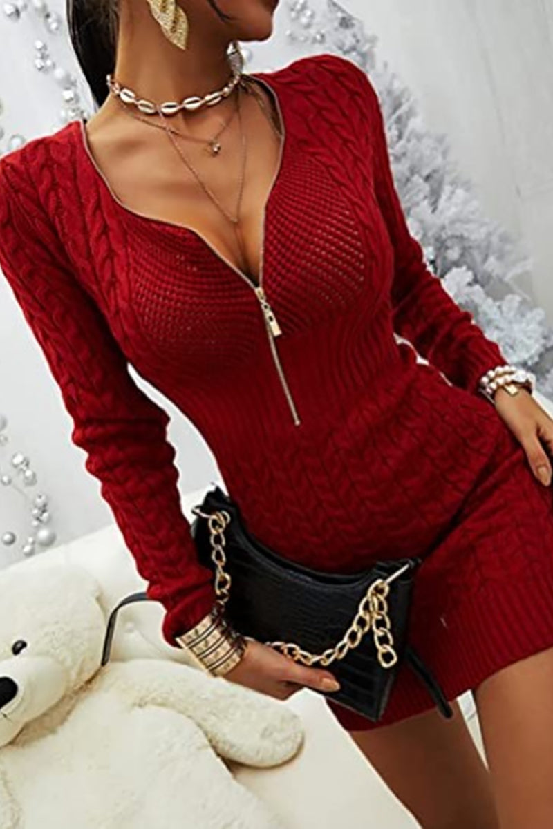 Zipper V Neck Bodycon Sweater Dress - Fashiondia