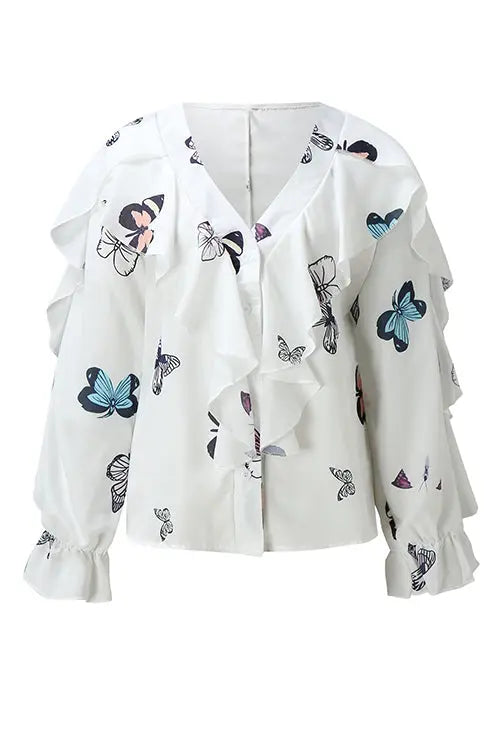 Ruffles Button V Neck Blouse - Fashionpara