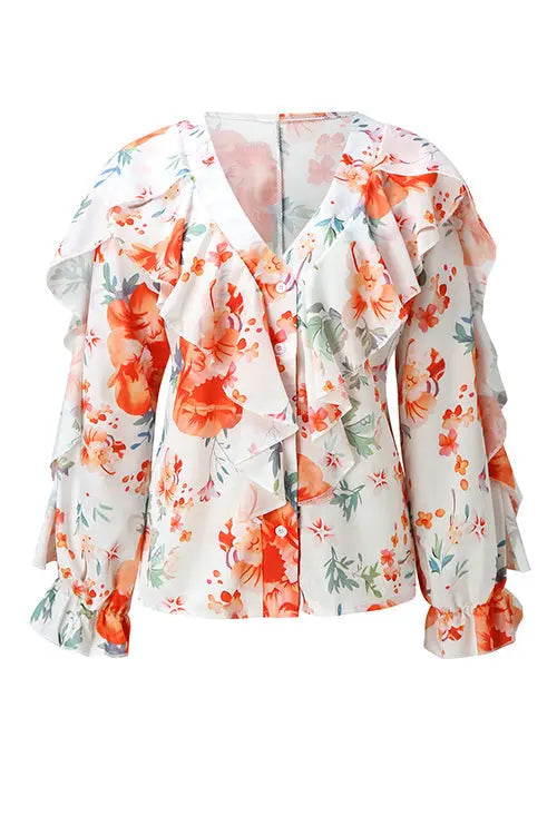 Ruffles Button V Neck Blouse - Fashionpara