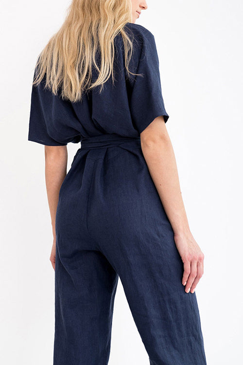 Linen V Neck Wrap Jumpsuits - Fashionpara