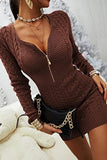 Zipper V Neck Bodycon Sweater Dress - Fashiondia