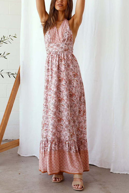 Floral V Neck Halter Neck Backless Maxi Dress - Fashionpara