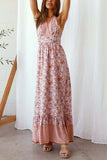 Floral V Neck Halter Neck Backless Maxi Dress