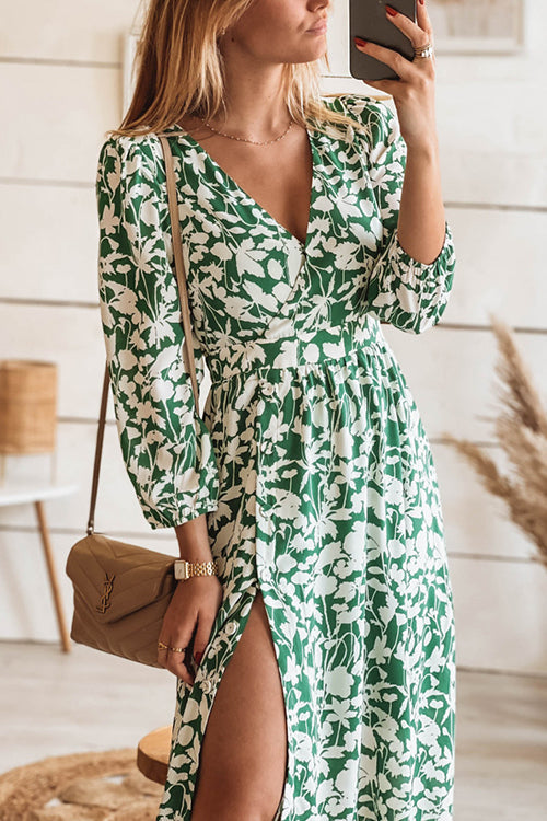 Print Seven Sleeve Slit Wrap Maxi Dress - Fashionpara