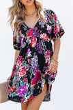 V-Neck Floral Print Short Sleeve Dress - Fashiondia