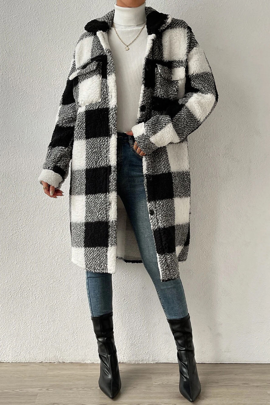 Button Front Long Sleeve Plaid Pattern Teddy Coat