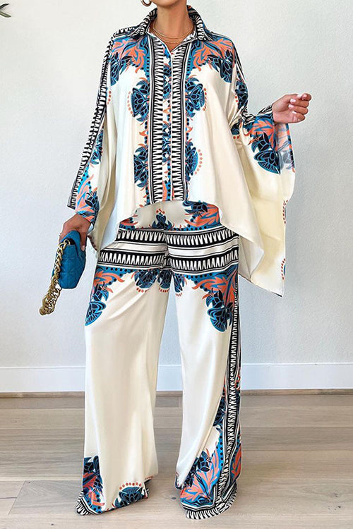 Print Bat Blouse Loose Pants Set - Fashionpara