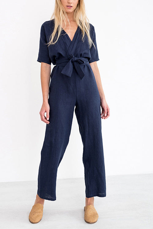Linen V Neck Wrap Jumpsuits - Fashionpara