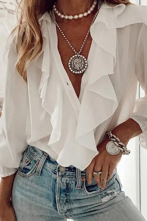 Ruffles Button V Neck Blouse - Fashionpara