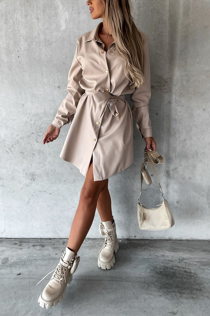 Timeless Button Down Faux Leather Shacket Dress - Fashionpara