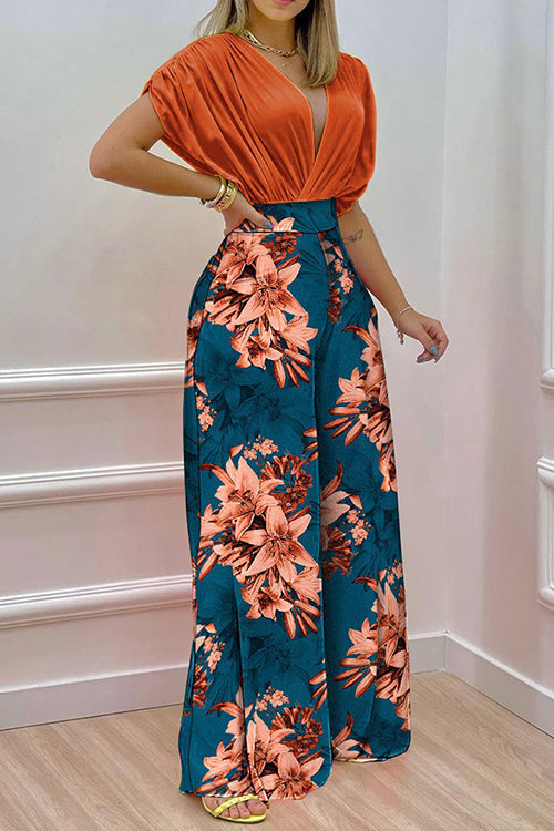 V Neck Bat Blouse Print Wide Leg Pants Set - Fashionpara