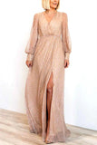 Sparkle Puff Long Sleeve Slit Maxi Dress - Fashiondia