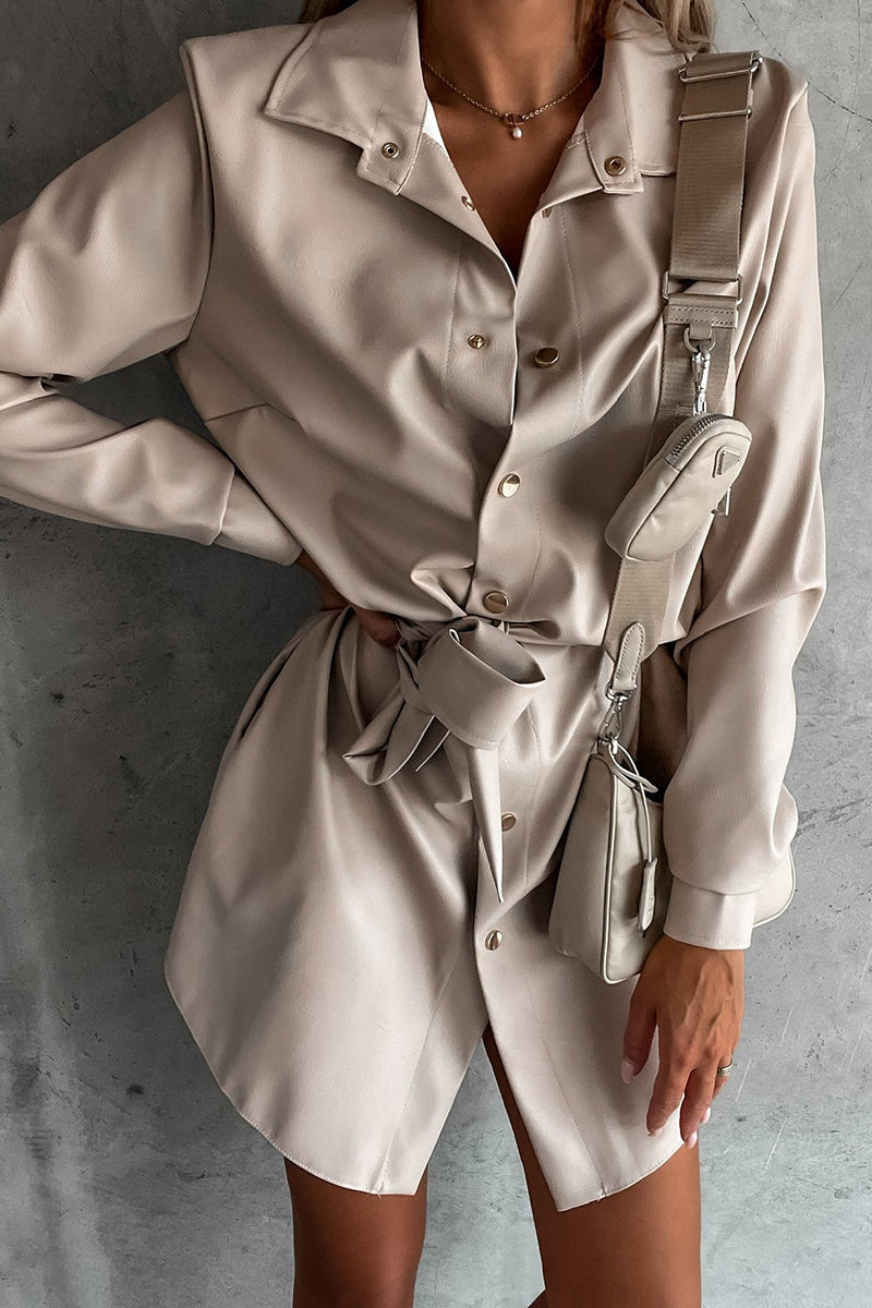 Timeless Button Down Faux Leather Shacket Dress - Fashionpara