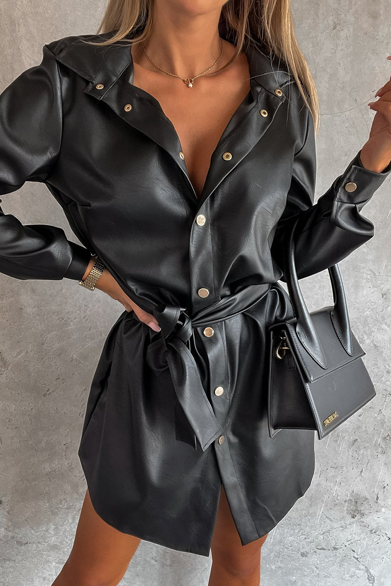 Timeless Button Down Faux Leather Shacket Dress - Fashiondia