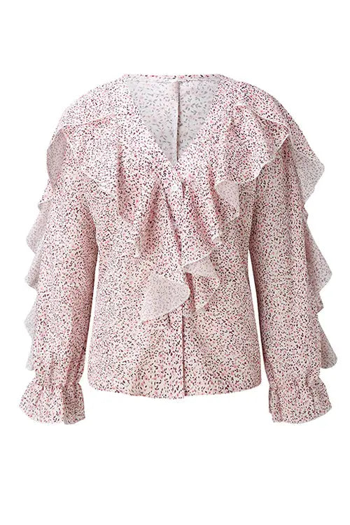 Ruffles Button V Neck Blouse - Fashionpara