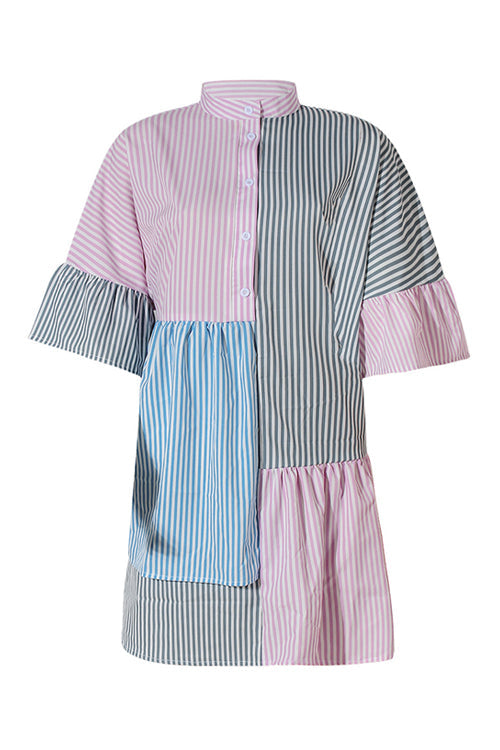 Stripe Color Block Half Button Mini Dress