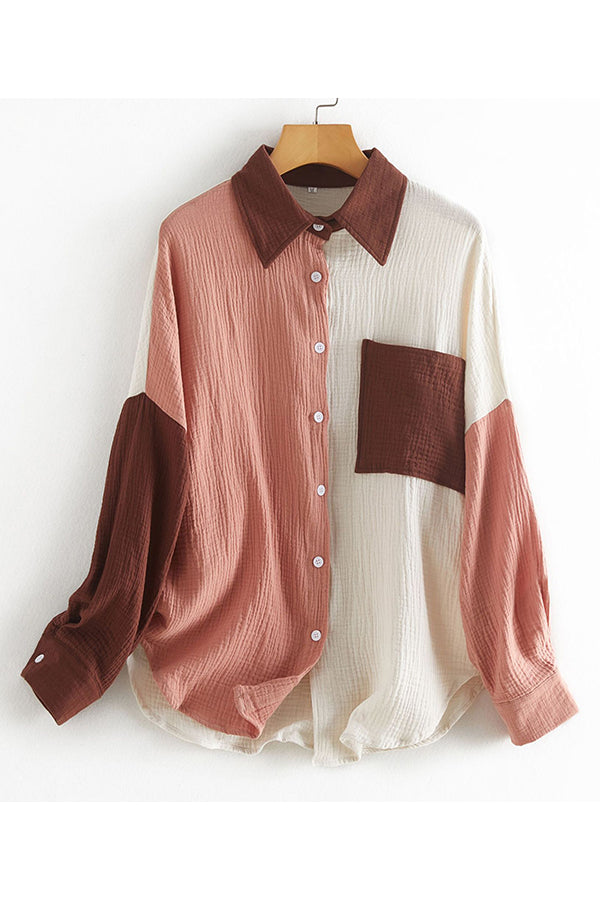 Color Block Textured Button Shirt with Pocket - Fashionpara