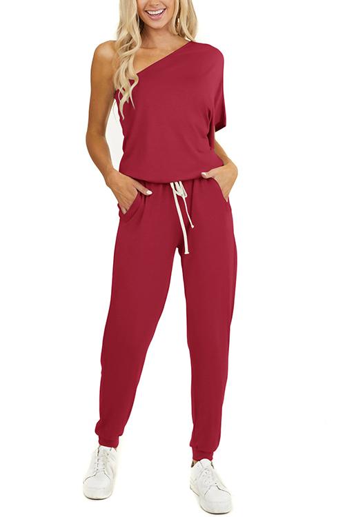One Shoulder Drawstring Jumpsuits - Fashionpara