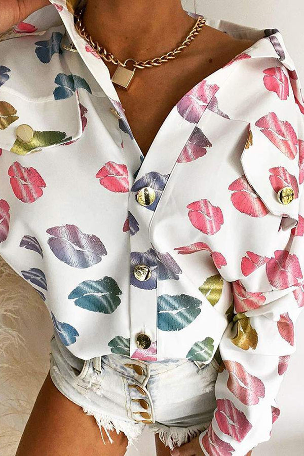 Colorful Lips Pockets Button Shirt - Fashionpara