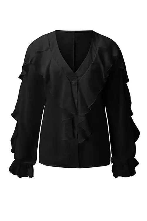 Ruffles Button V Neck Blouse - Fashionpara