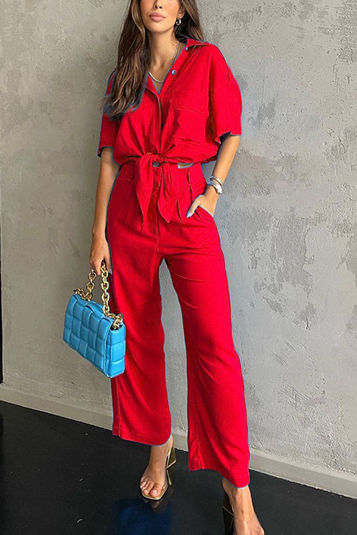 Button Kont Shirt Wide Leg Pants Set - Fashionpara
