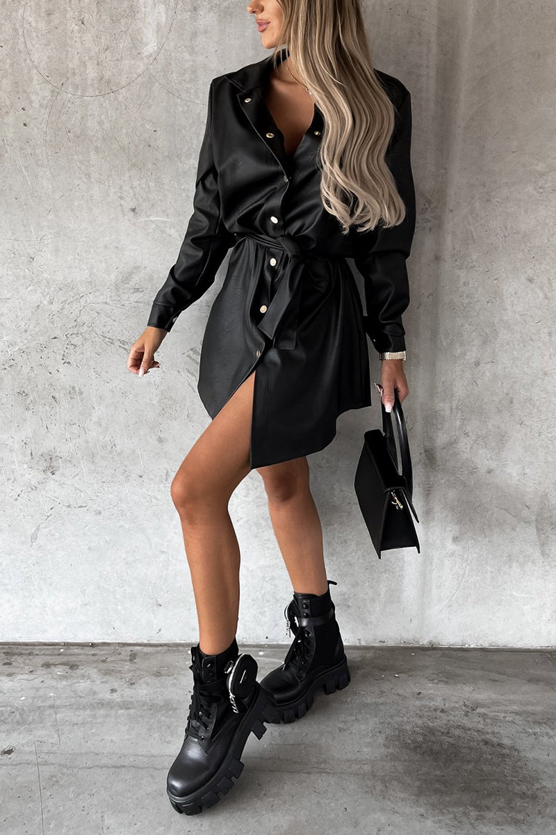 Timeless Button Down Faux Leather Shacket Dress - Fashionpara