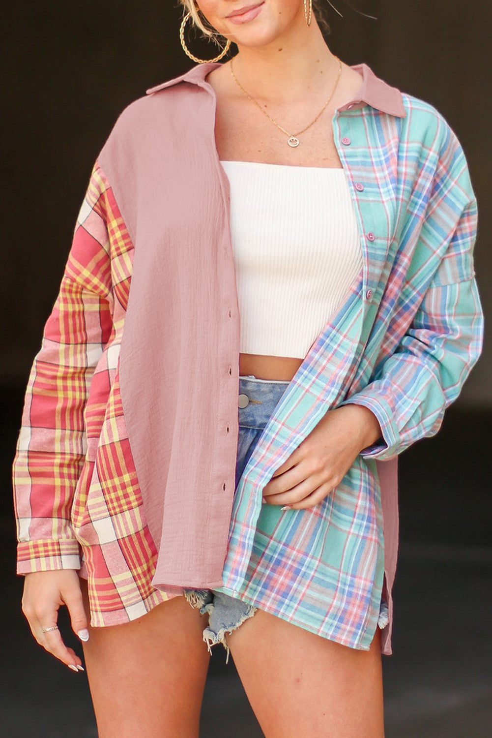 Late Goodbye Plaid Contrast Color Block Top