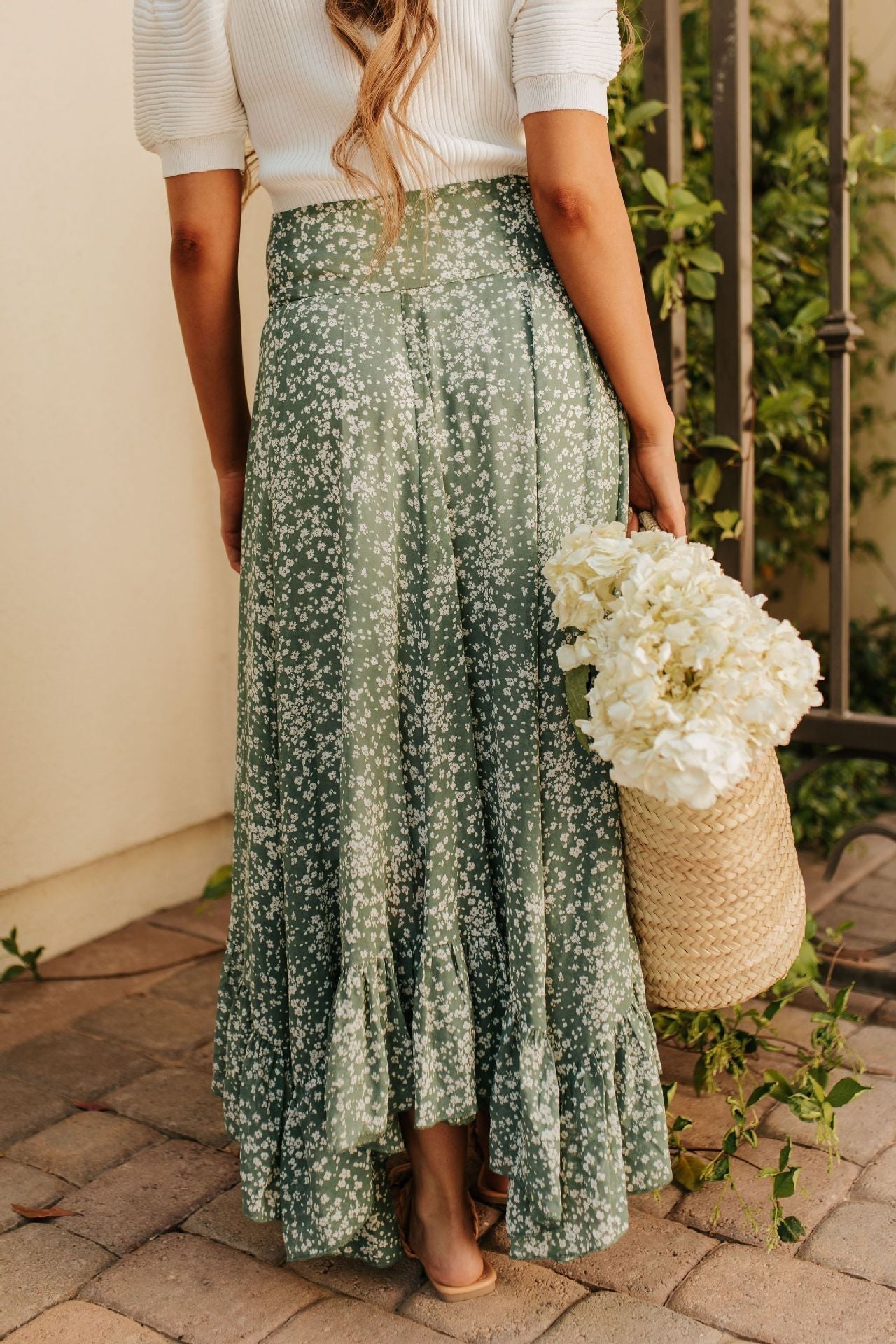 Floral Asymmetric Flounce Belted Maxi Skirt - Fashionpara