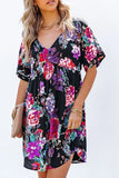 V-Neck Floral Print Short Sleeve Dress - Fashiondia