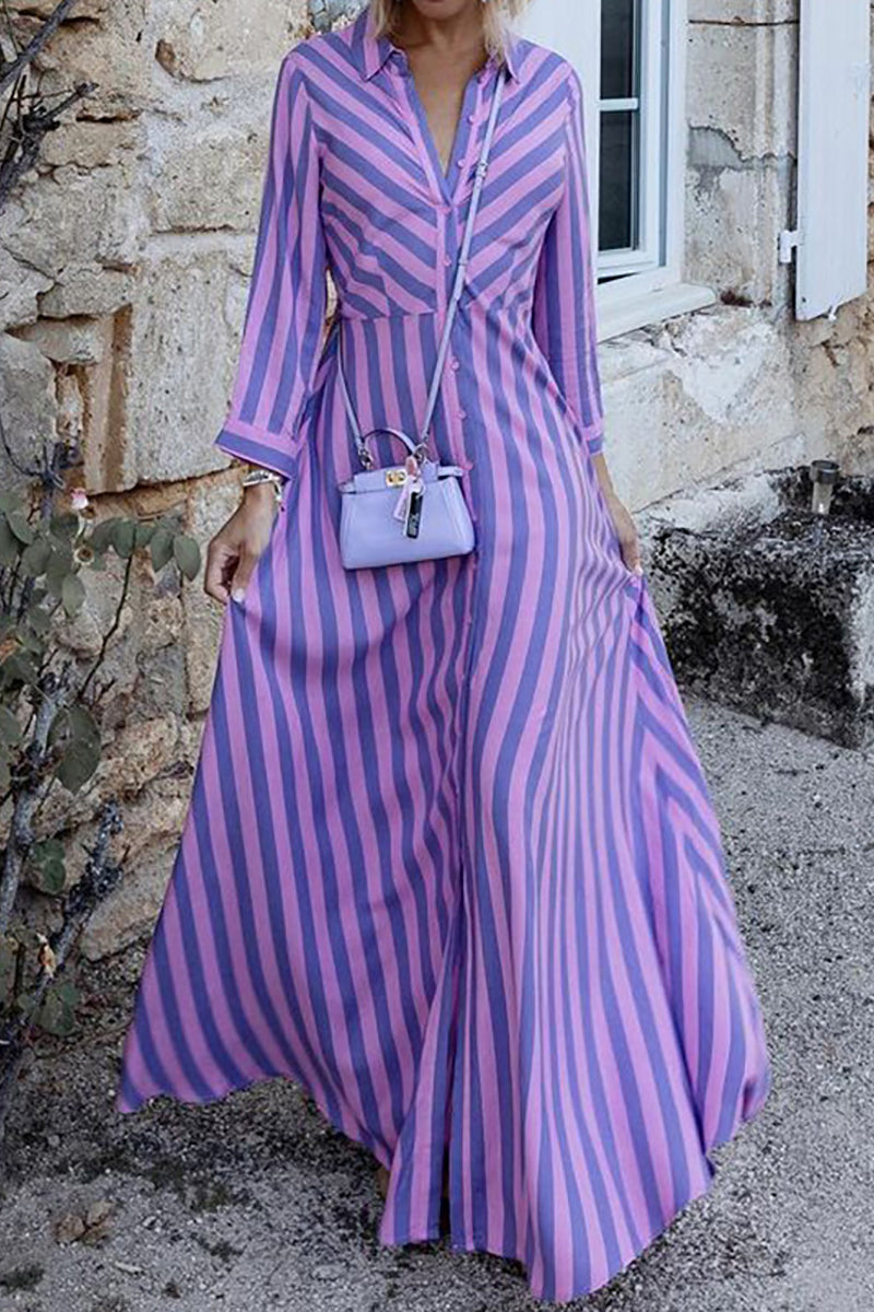 Stripe Long Sleeve Button Maxi Shirt Dress - Fashiondia