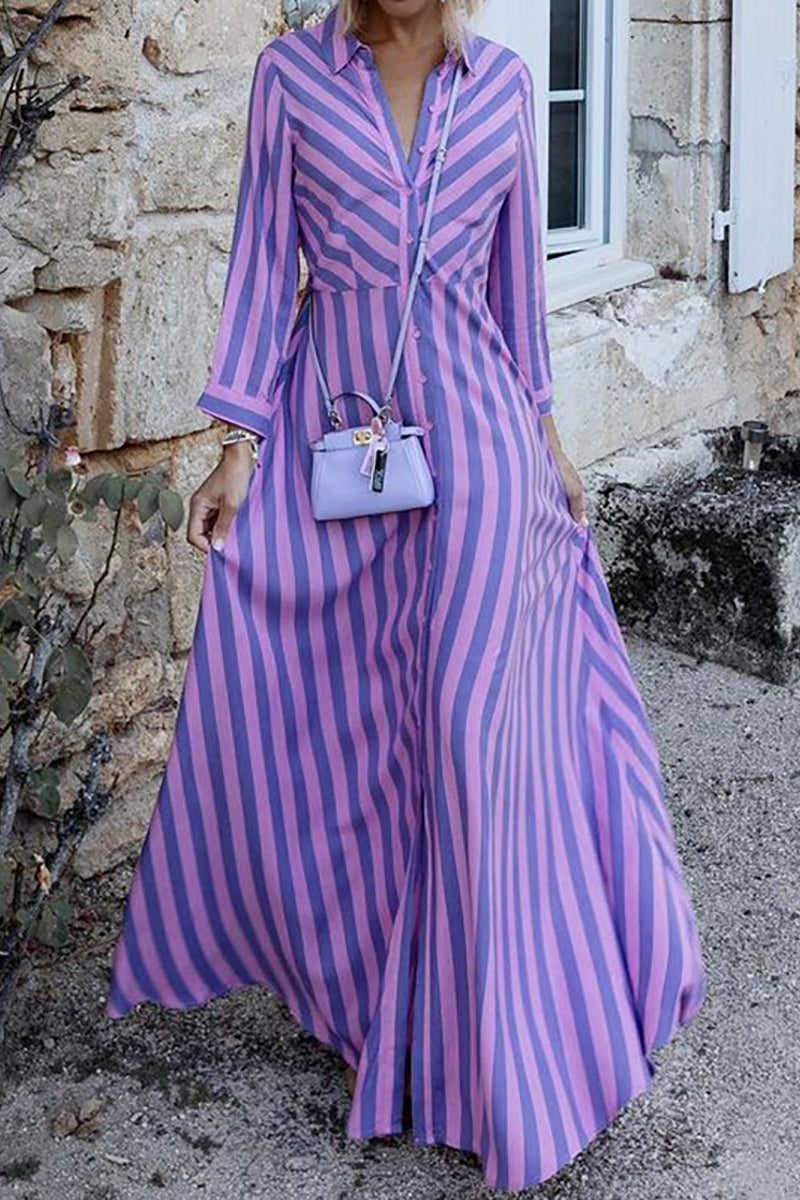 Stripe Long Sleeve Button Maxi Shirt Dress - Fashionpara