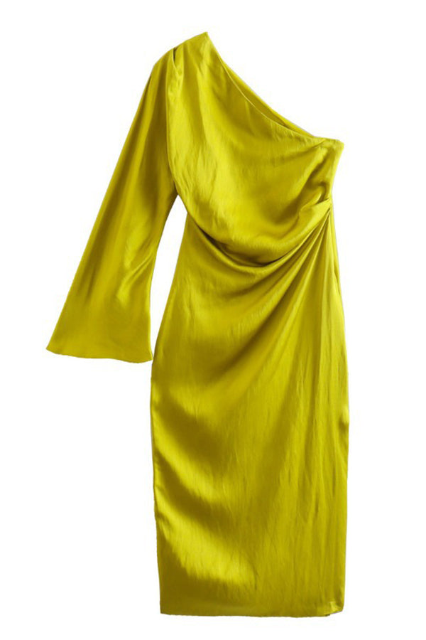 Satin One Shoulder Flares Sleeve Slit Midi Dress - Fashionpara