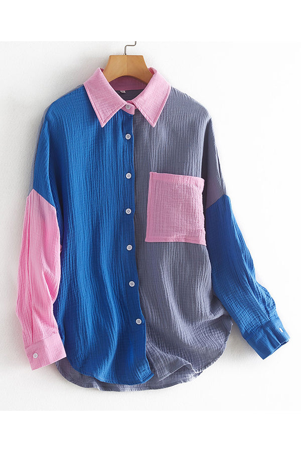 Color Block Textured Button Shirt with Pocket - Fashionpara