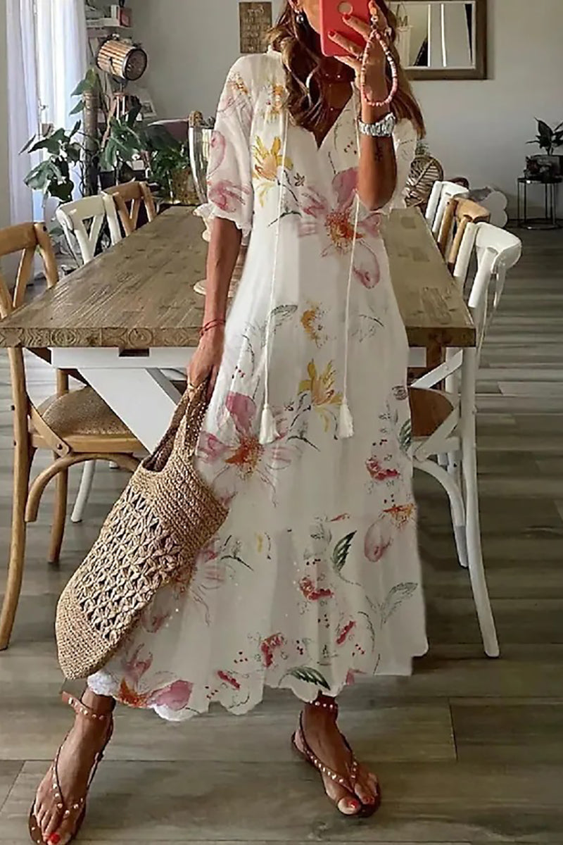 Boho V Neck Floral Maxi Dress - Fashiondia