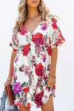 V-Neck Floral Print Short Sleeve Dress - Fashiondia