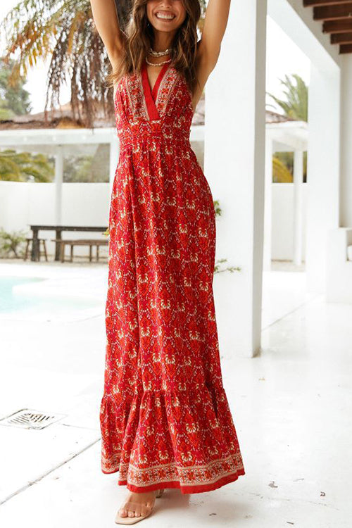 Floral V Neck Halter Neck Backless Maxi Dress - Fashionpara