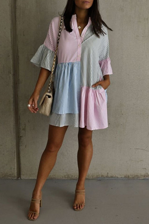 Stripe Color Block Half Button Mini Dress - Fashionpara