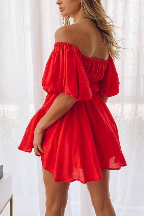 Off Shoulder Puff Sleeve Mini Dress - Fashionpara