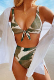 Leaf Print Knot High Waist Bikini Set