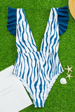 Zebra Stripe Ruffle Plunging One Piece Swimwear