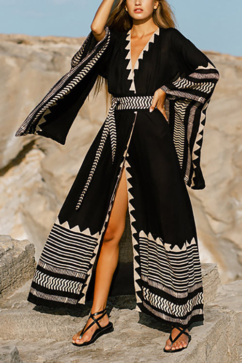 Geometry V Neck Bat Maxi Dress - Fashionpara