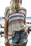 Colorful Lace Up Short Sleeve Knit T Shirt