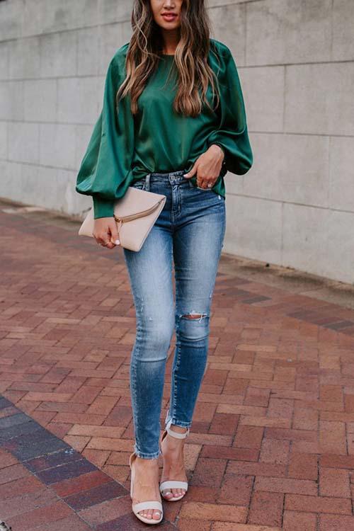 Satin Lantern Sleeve Blouse - Fashionpara