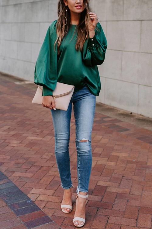 Satin Lantern Sleeve Blouse - Fashionpara