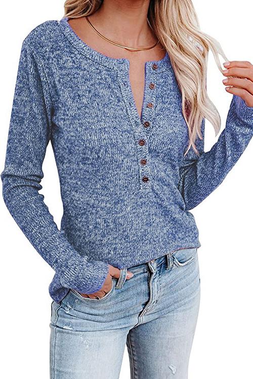 Button O Neck Knit Long Sleeve Top - Fashionpara