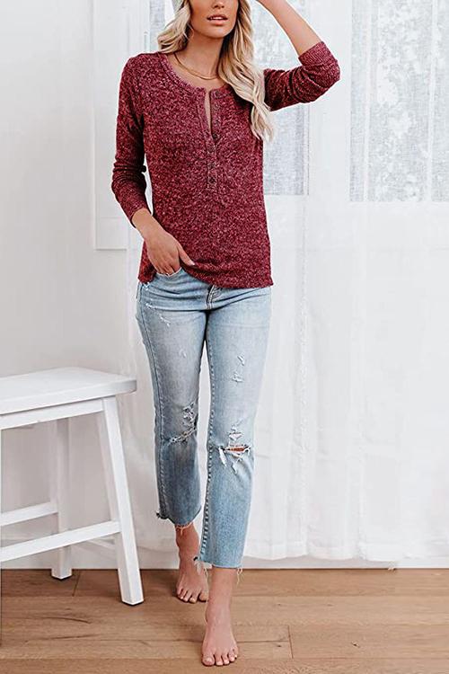 Button O Neck Knit Long Sleeve Top - Fashionpara